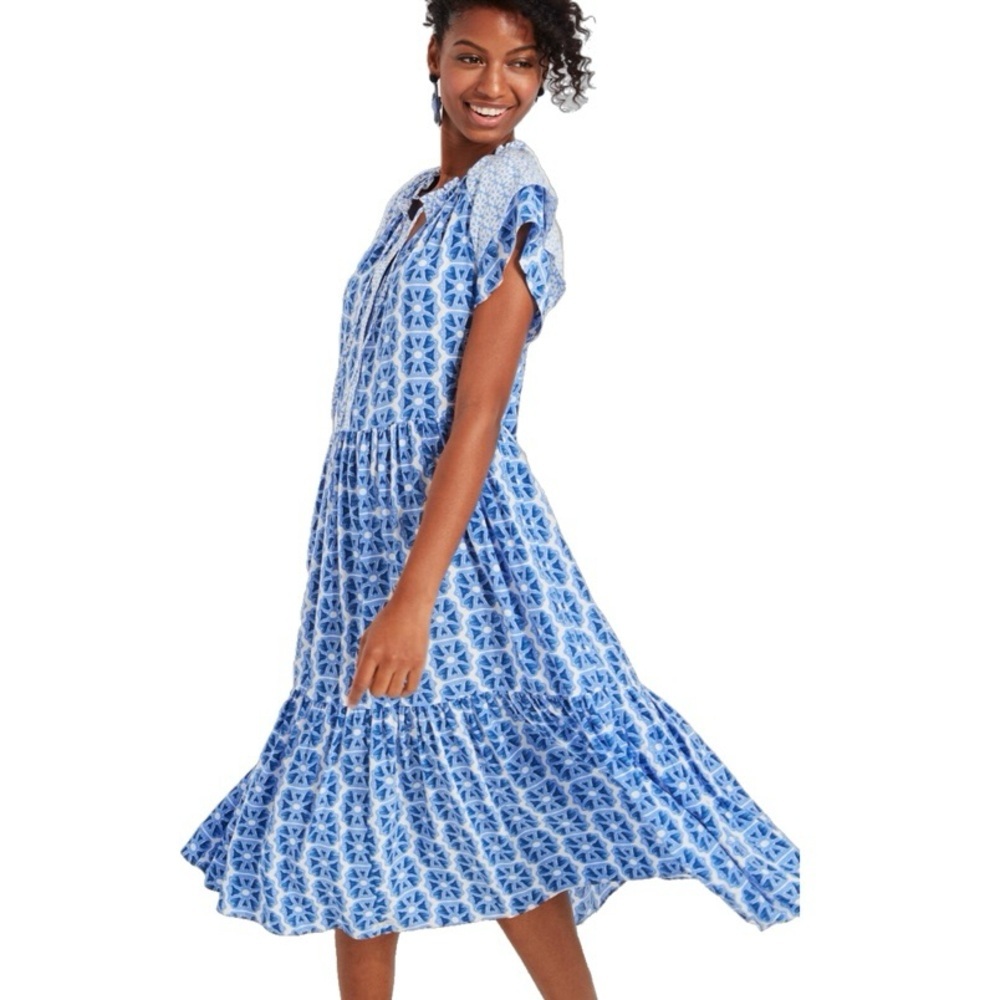 Vineyard Vines Watercolor Geo Print Coastal Midi Dress 2Q010505, Newport Blue S